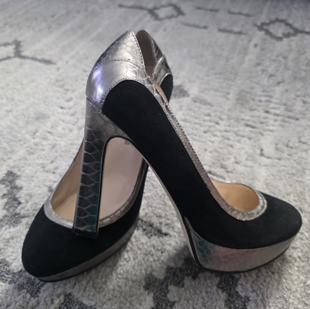 Audrey Brooke Leather Black and Silver Platform Heels